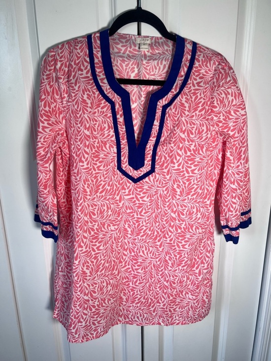 J. Crew Tops - J. Crew Coral Leaf-Print Tunic with White Background and blue trim